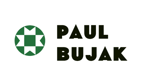 Paul Bujak compass rose logo mark in dark green and olive